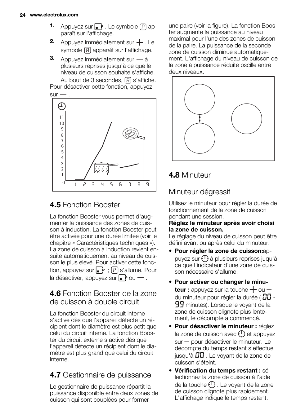 5 fonction booster, 7 gestionnaire de puissance, 8 minuteur minuteur dégressif | Electrolux EHH6332FOK User Manual | Page 24 / 68