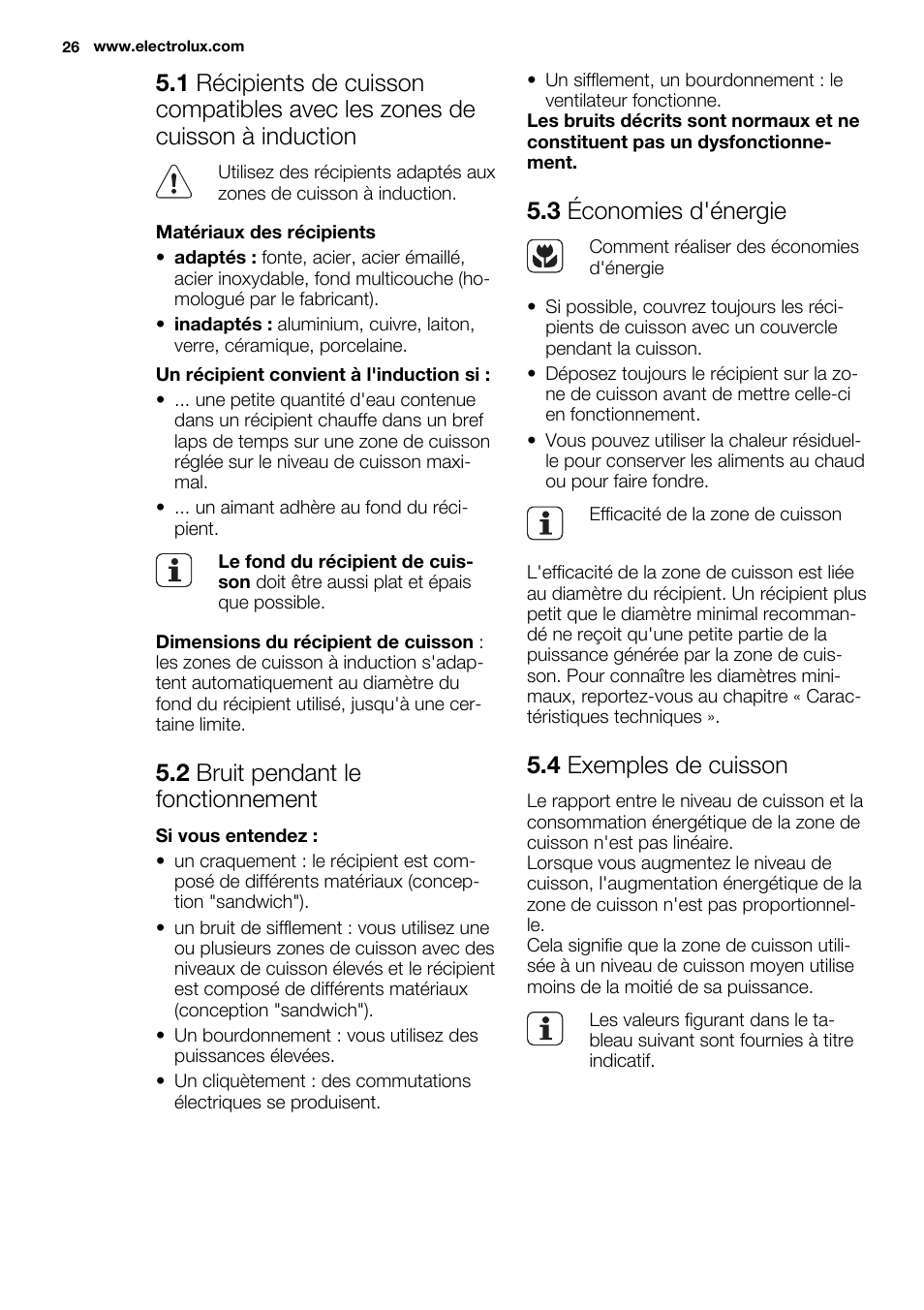 2 bruit pendant le fonctionnement, 3 économies d'énergie, 4 exemples de cuisson | Electrolux EHH6332FOK User Manual | Page 26 / 68