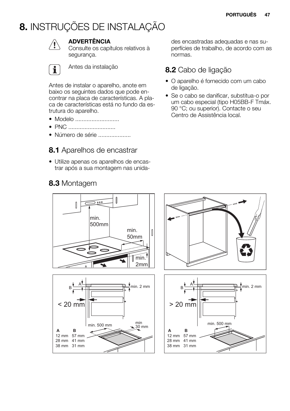 Instruções de instalação, 1 aparelhos de encastrar, 2 cabo de ligação | 3 montagem, 20 mm | Electrolux EHH6332FOK User Manual | Page 47 / 68