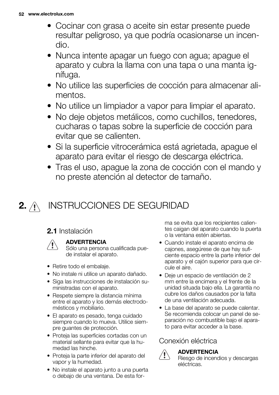 Instrucciones de seguridad | Electrolux EHH6332FOK User Manual | Page 52 / 68