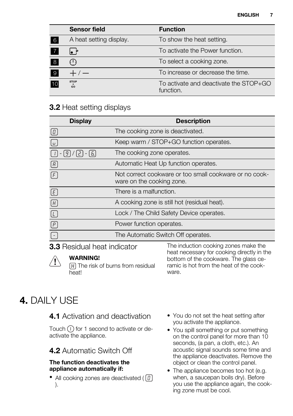Daily use, 2 heat setting displays, 3 residual heat indicator | 1 activation and deactivation, 2 automatic switch off | Electrolux EHH6332FOK User Manual | Page 7 / 68