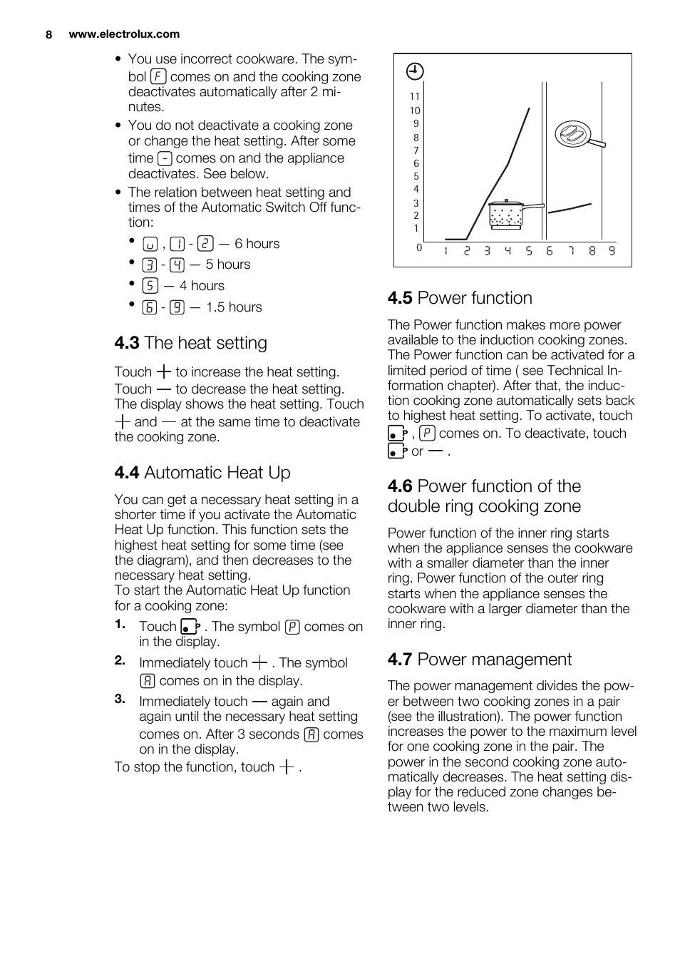 3 the heat setting, 4 automatic heat up, 5 power function | 6 power function of the double ring cooking zone, 7 power management | Electrolux EHH6332FOK User Manual | Page 8 / 68