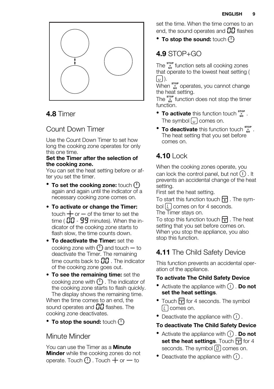 8 timer count down timer, Minute minder, 9 stop+go | 10 lock, 11 the child safety device | Electrolux EHH6332FOK User Manual | Page 9 / 68