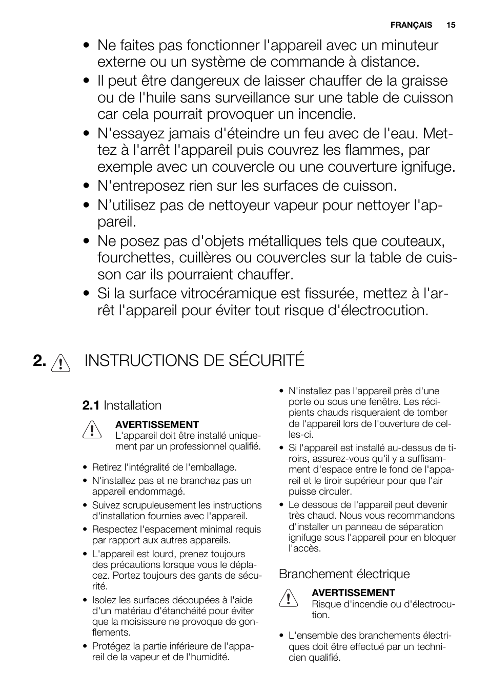Instructions de sécurité | Electrolux EHF6232FOK User Manual | Page 15 / 40