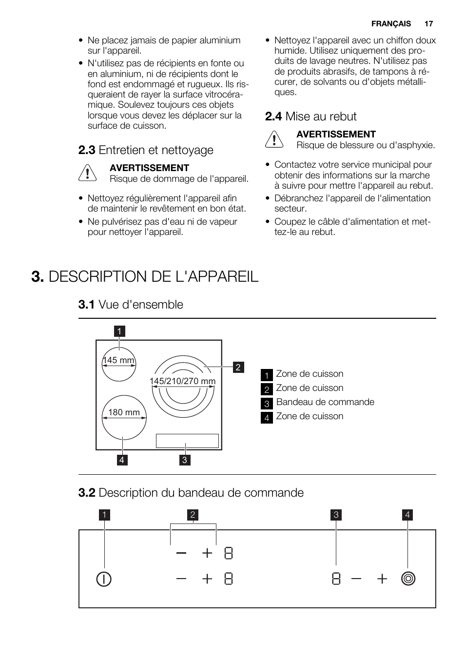 Description de l'appareil, 3 entretien et nettoyage, 4 mise au rebut | 1 vue d'ensemble, 2 description du bandeau de commande | Electrolux EHF6232FOK User Manual | Page 17 / 40