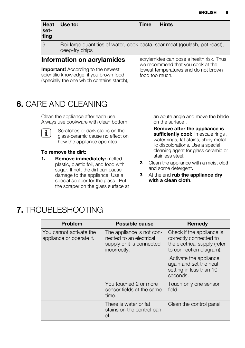 Care and cleaning, Troubleshooting, Information on acrylamides | Electrolux EHF6232FOK User Manual | Page 9 / 40