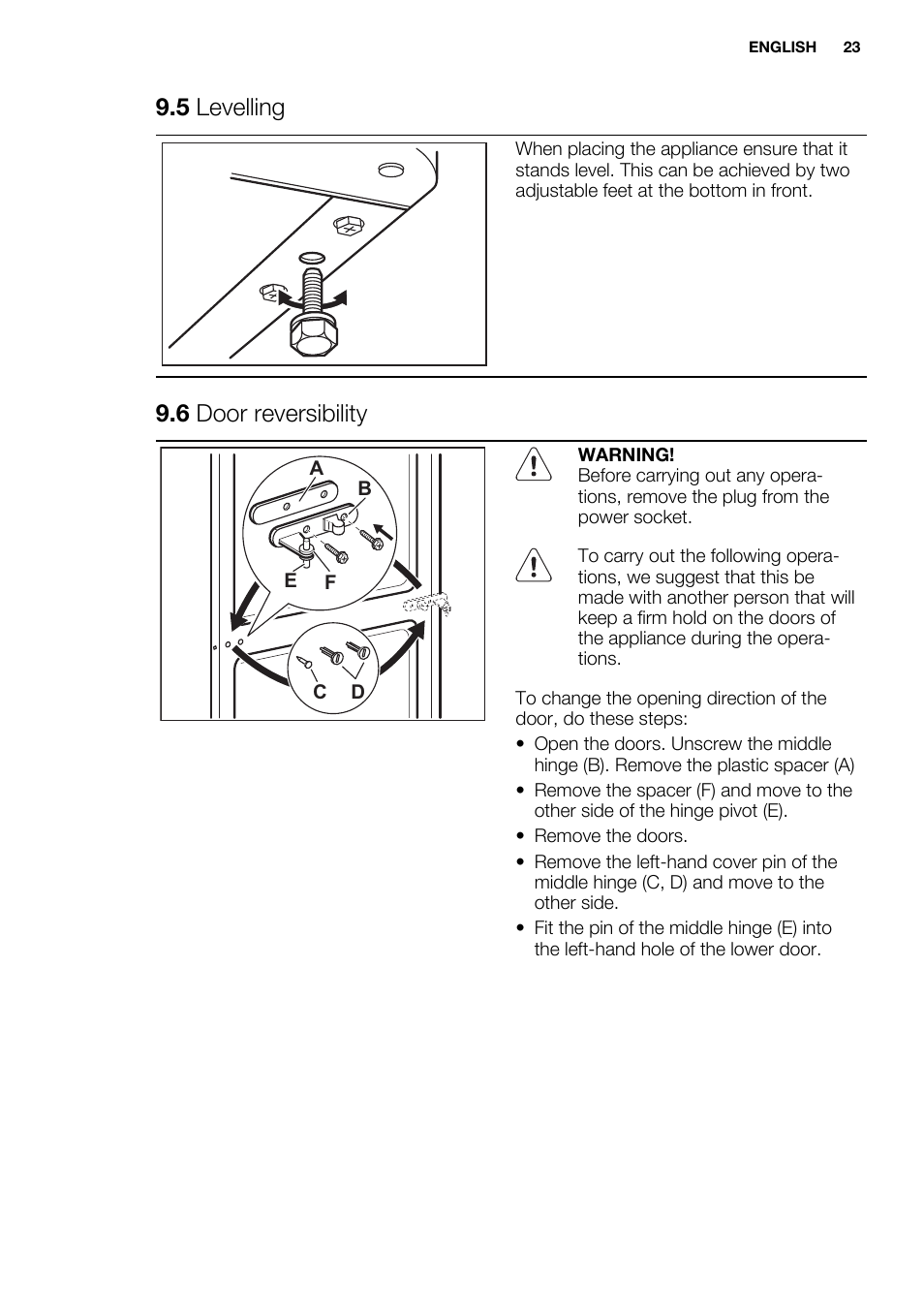 5 levelling, 6 door reversibility | Electrolux EN3850DOX User Manual | Page 23 / 84