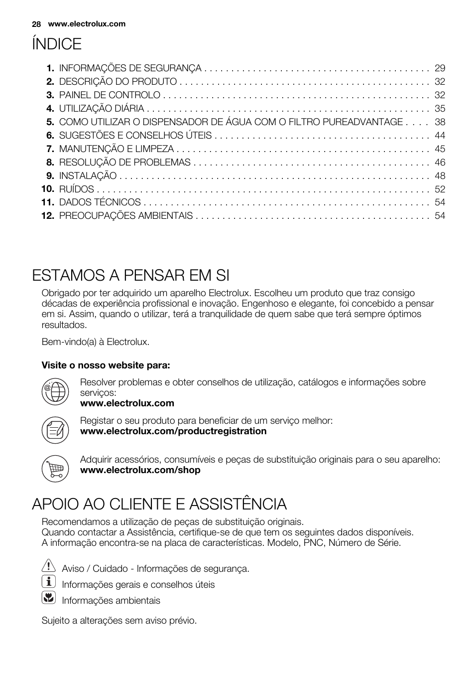 Índice, Estamos a pensar em si, Apoio ao cliente e assistência | Electrolux EN3850DOX User Manual | Page 28 / 84