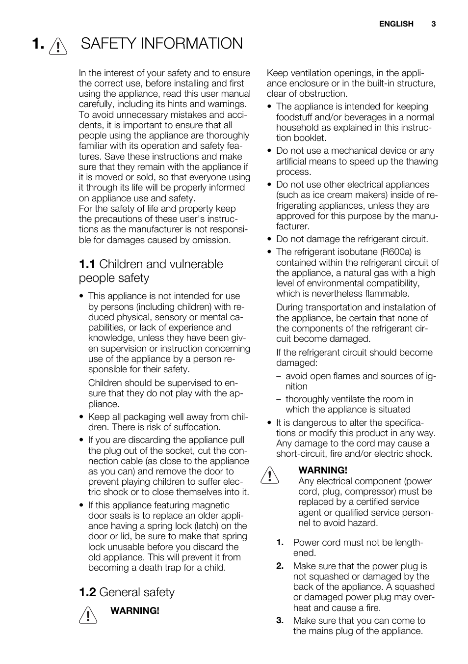 Safety information, 1 children and vulnerable people safety, 2 general safety | Electrolux EN3850DOX User Manual | Page 3 / 84