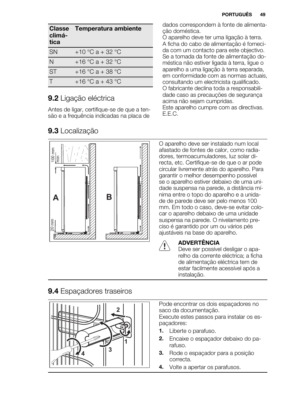 2 ligação eléctrica, 3 localização, 4 espaçadores traseiros | Electrolux EN3850DOX User Manual | Page 49 / 84