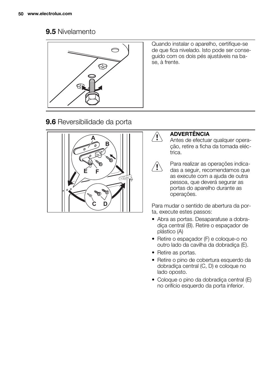 5 nivelamento, 6 reversibilidade da porta | Electrolux EN3850DOX User Manual | Page 50 / 84