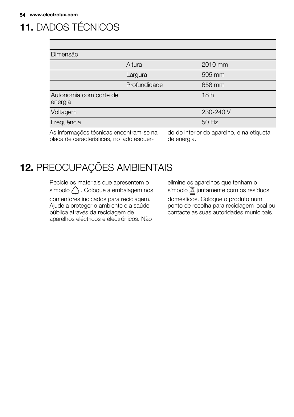 Dados técnicos, Preocupações ambientais | Electrolux EN3850DOX User Manual | Page 54 / 84