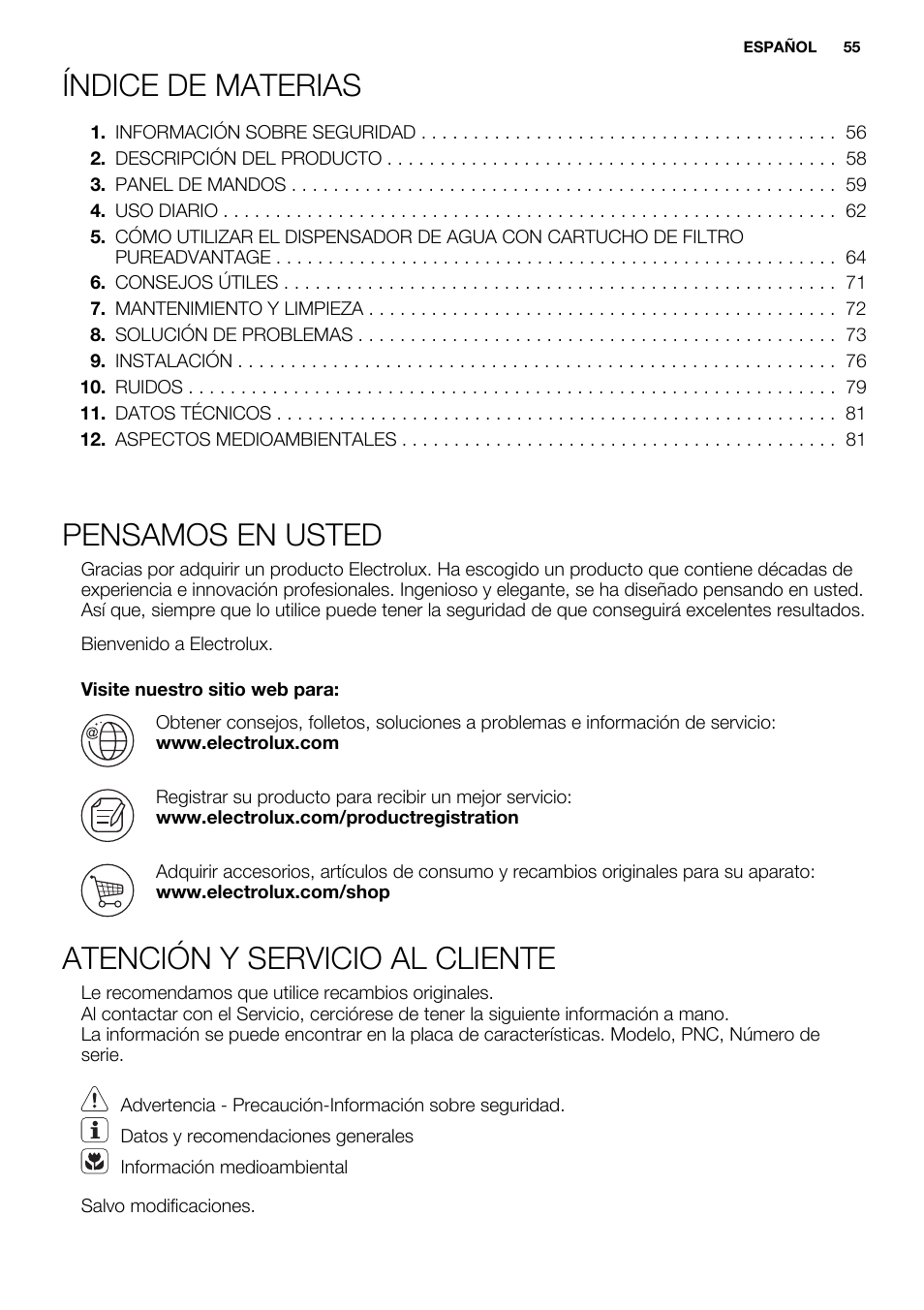 Índice de materias, Pensamos en usted, Atención y servicio al cliente | Electrolux EN3850DOX User Manual | Page 55 / 84