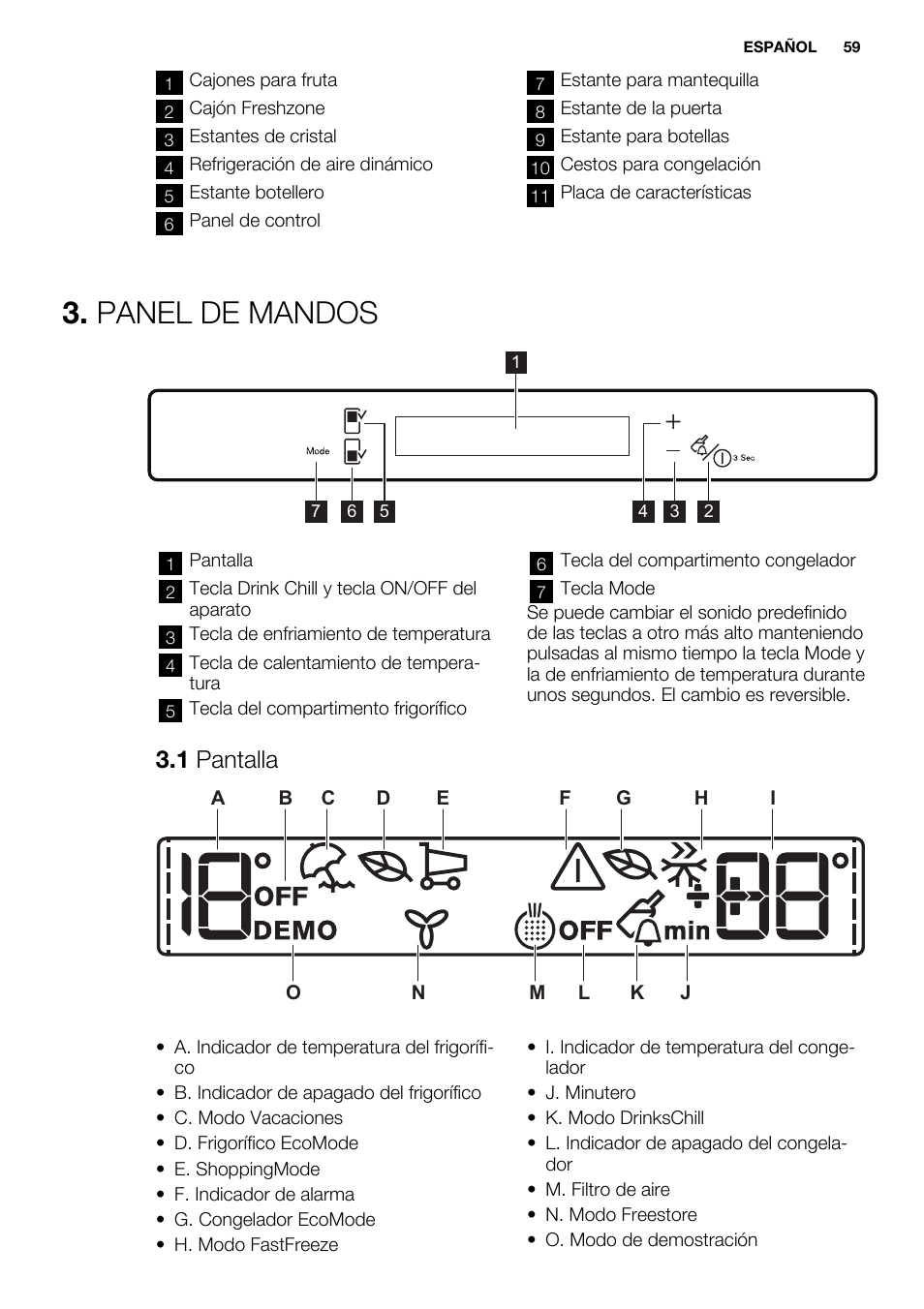 Panel de mandos, 1 pantalla | Electrolux EN3850DOX User Manual | Page 59 / 84
