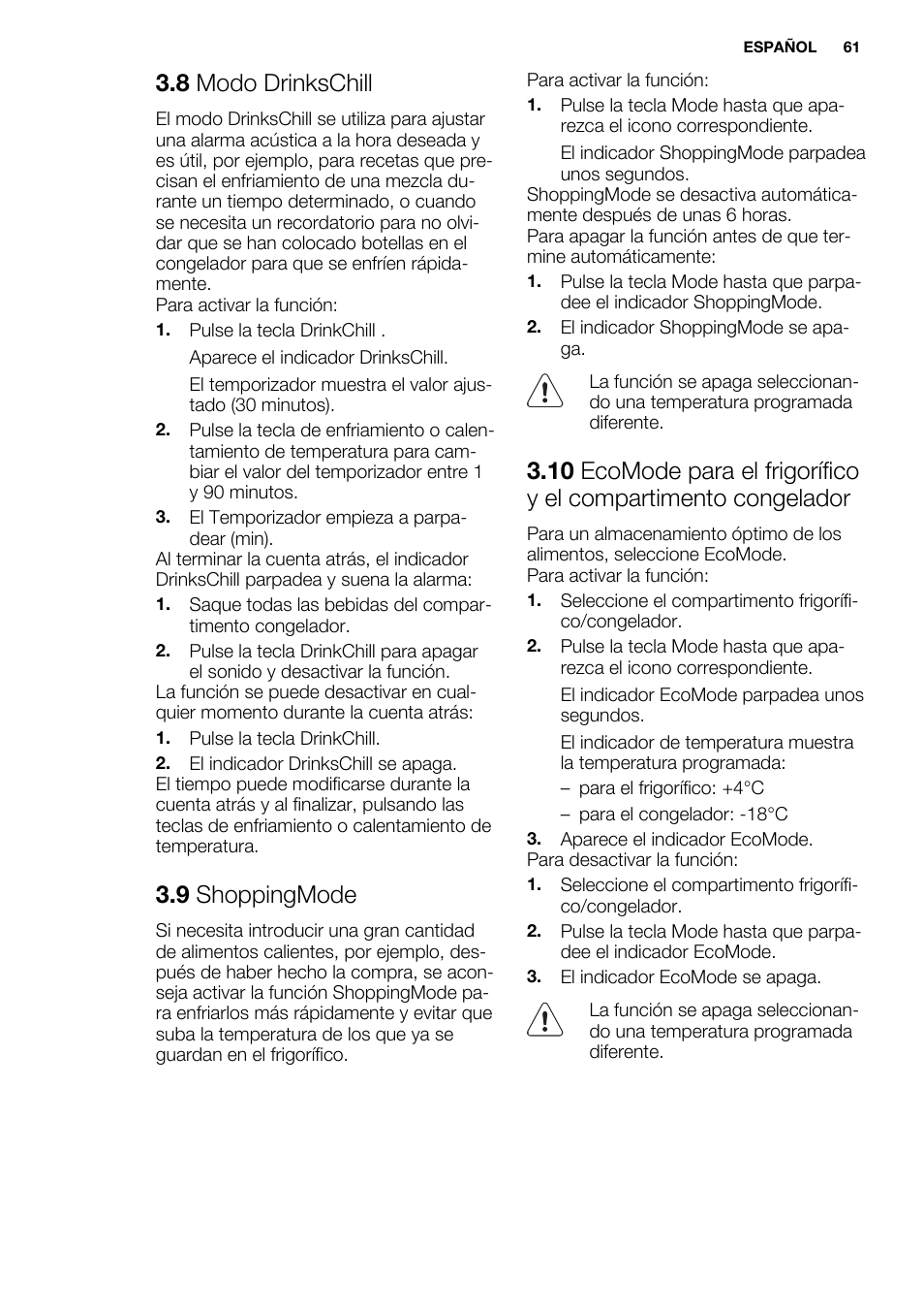 8 modo drinkschill, 9 shoppingmode | Electrolux EN3850DOX User Manual | Page 61 / 84