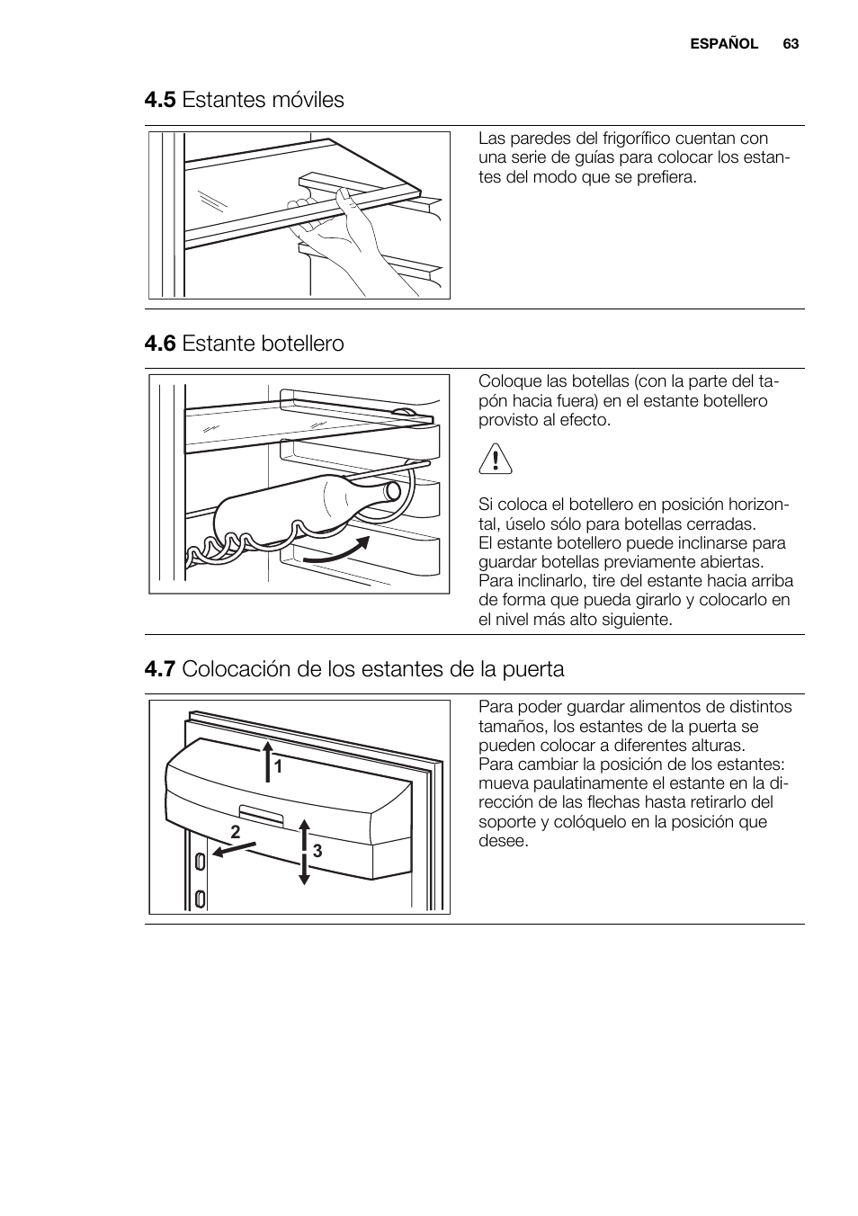 5 estantes móviles, 6 estante botellero, 7 colocación de los estantes de la puerta | Electrolux EN3850DOX User Manual | Page 63 / 84