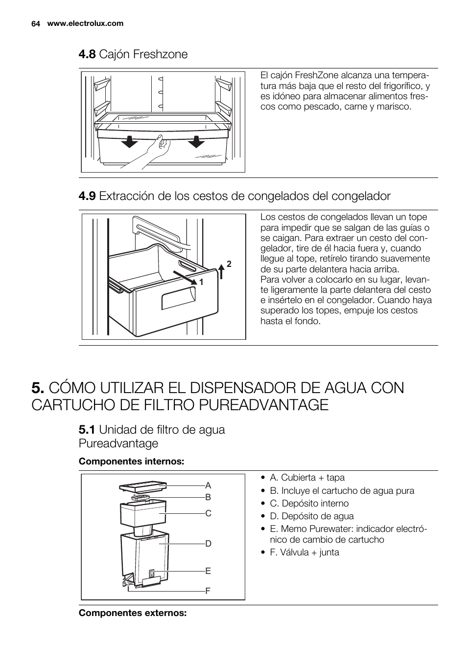 8 cajón freshzone, 1 unidad de filtro de agua pureadvantage | Electrolux EN3850DOX User Manual | Page 64 / 84