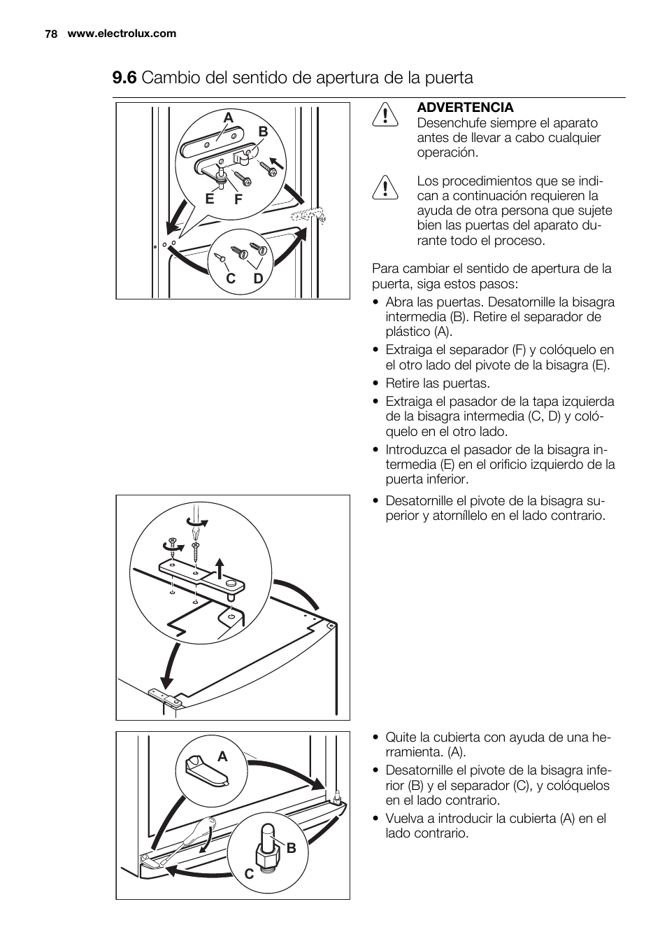 6 cambio del sentido de apertura de la puerta | Electrolux EN3850DOX User Manual | Page 78 / 84