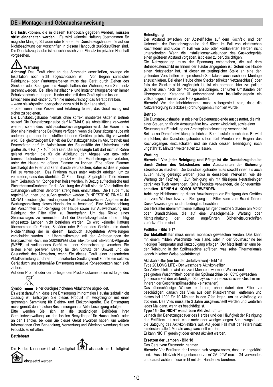 De - montage- und gebrauchsanweisung | Electrolux EFC90244X User Manual | Page 10 / 40