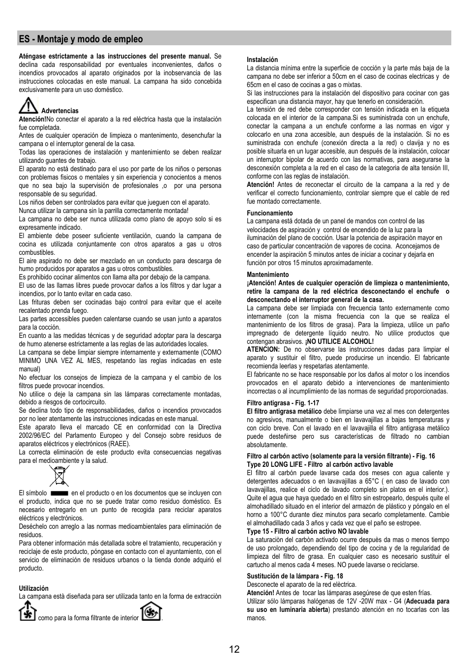 Es - montaje y modo de empleo | Electrolux EFC90244X User Manual | Page 12 / 40