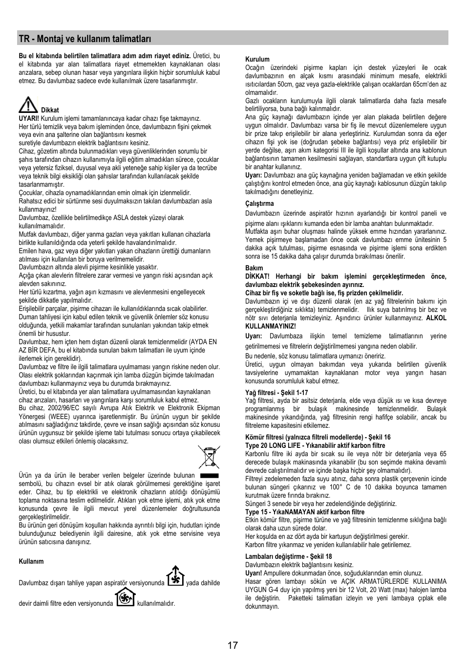 Tr - montaj ve kullanım talimatları | Electrolux EFC90244X User Manual | Page 17 / 40