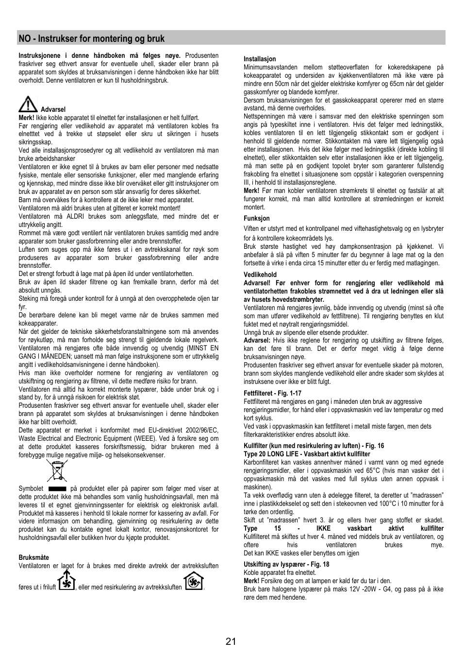 No - instrukser for montering og bruk | Electrolux EFC90244X User Manual | Page 21 / 40