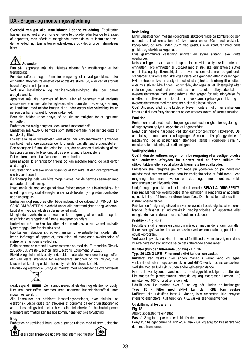 Da - bruger- og monteringsvejledning | Electrolux EFC90244X User Manual | Page 23 / 40