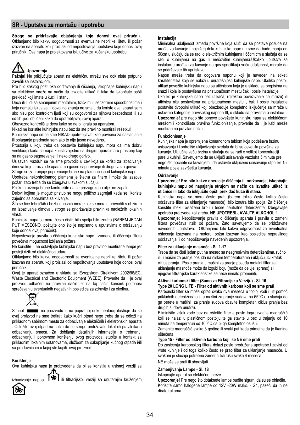 Sr - uputstva za montažu i upotrebu | Electrolux EFC90244X User Manual | Page 34 / 40