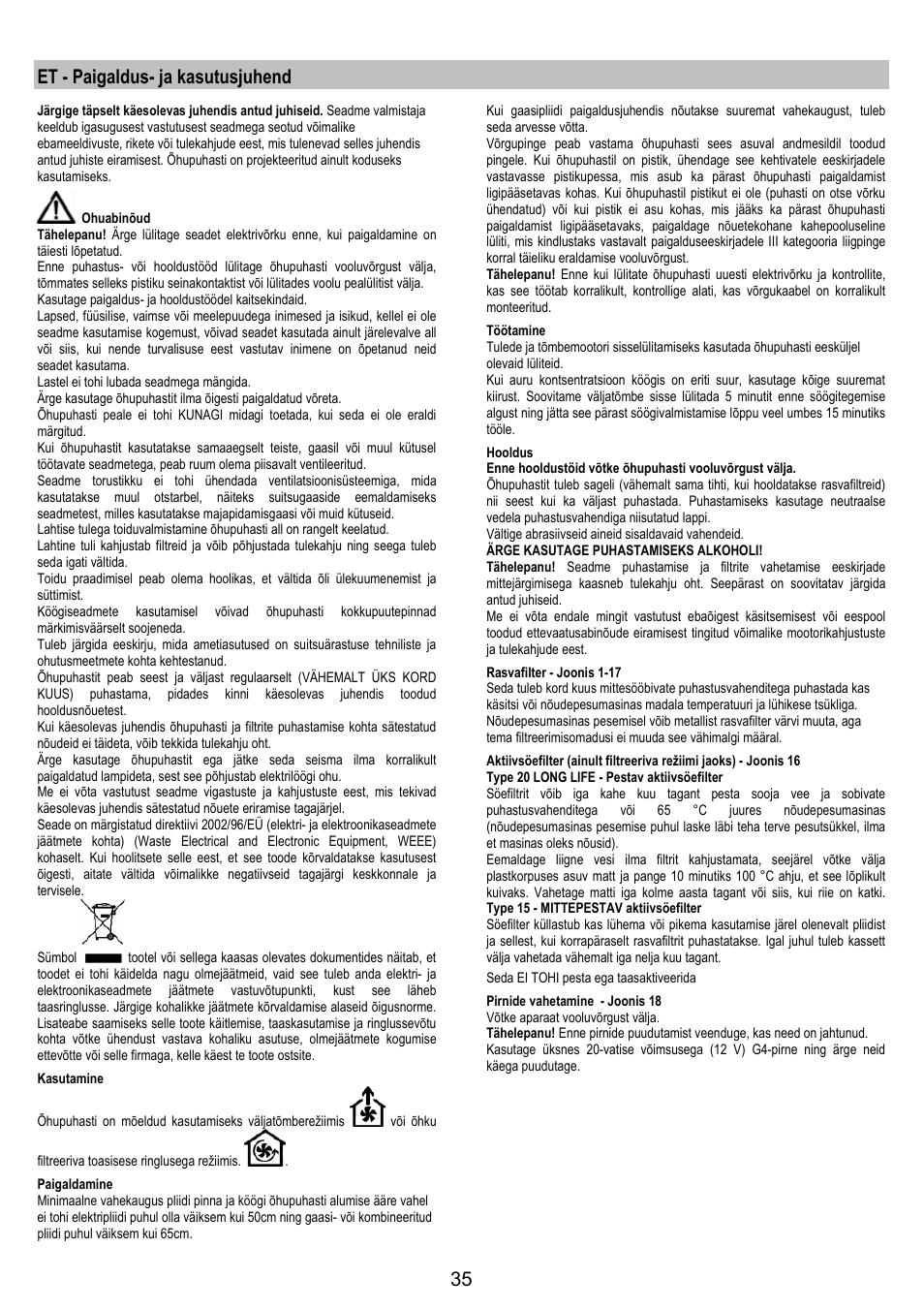 Et - paigaldus- ja kasutusjuhend | Electrolux EFC90244X User Manual | Page 35 / 40