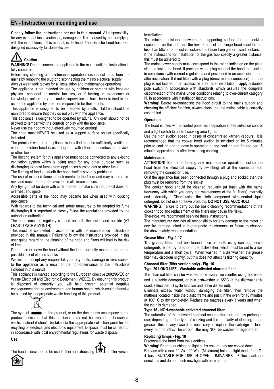 En - instruction on mounting and use | Electrolux EFC90244X User Manual | Page 8 / 40