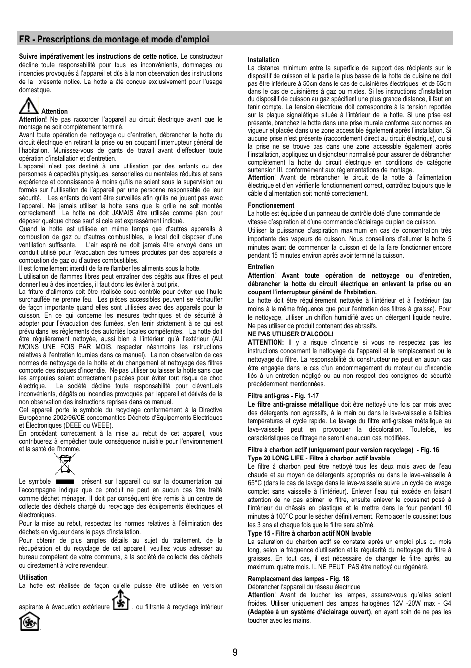 Fr - prescriptions de montage et mode d’emploi | Electrolux EFC90244X User Manual | Page 9 / 40