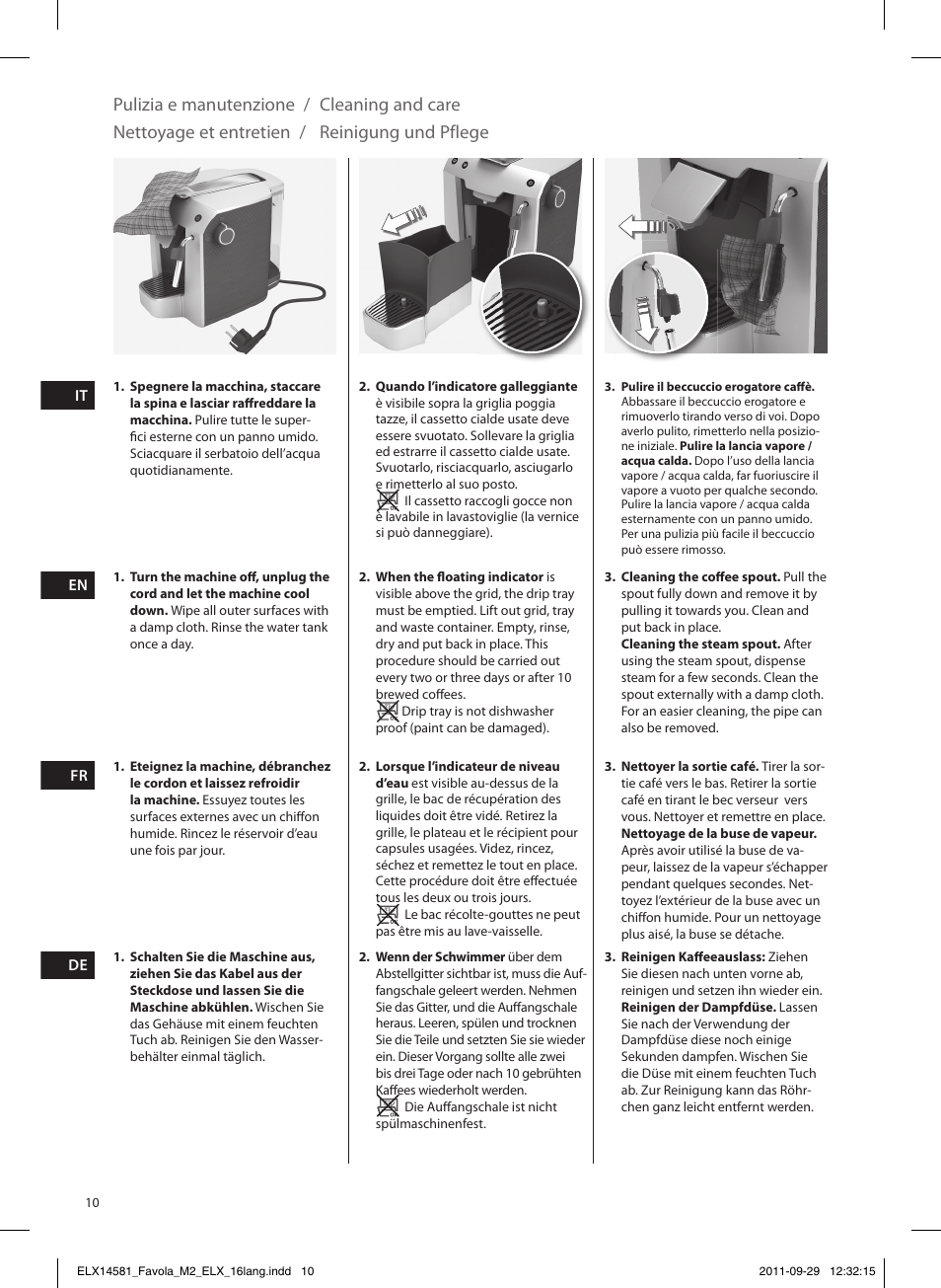 Pulizia e manutenzione, Cleaning and care, Nettoyage et entretien | Reinigung und pflege | Electrolux ELM5200 User Manual | Page 10 / 52