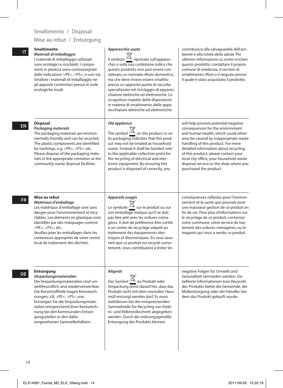 Smaltimento, Disposal mise au rebut / entsorgung | Electrolux ELM5200 User Manual | Page 14 / 52