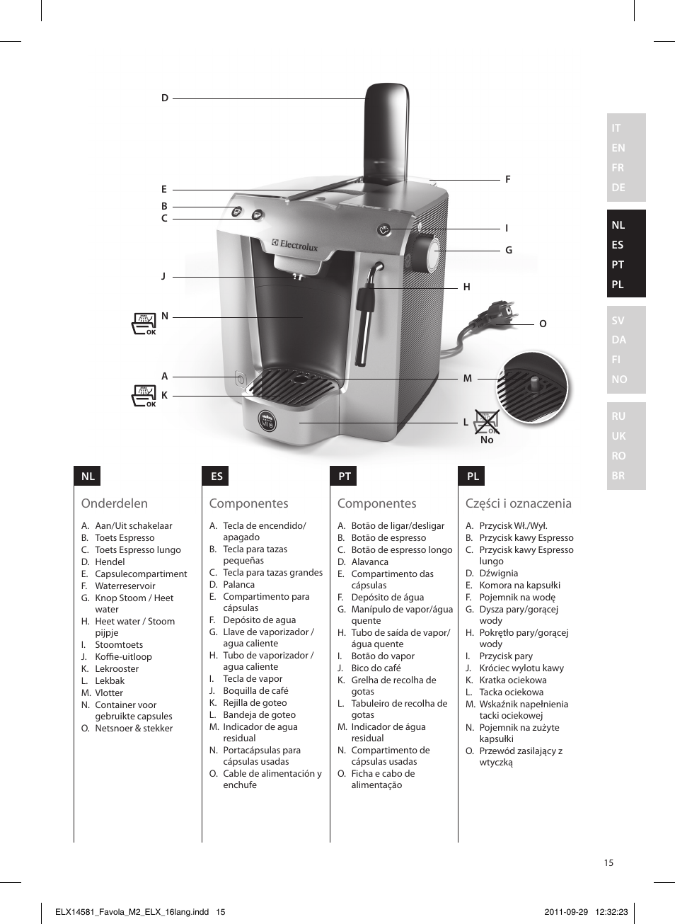 Części i oznaczenia, Onderdelen, Componentes | Electrolux ELM5200 User Manual | Page 15 / 52