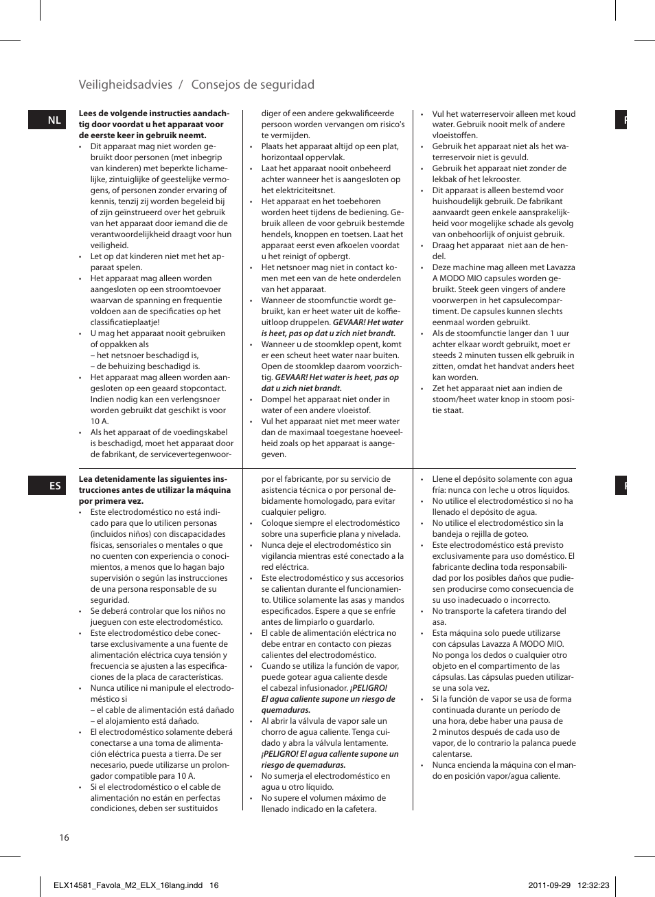 Veiligheidsadvies / consejos de seguridad | Electrolux ELM5200 User Manual | Page 16 / 52