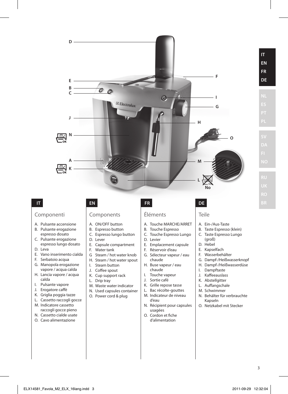 Components, Teile, Éléments | Componenti | Electrolux ELM5200 User Manual | Page 3 / 52