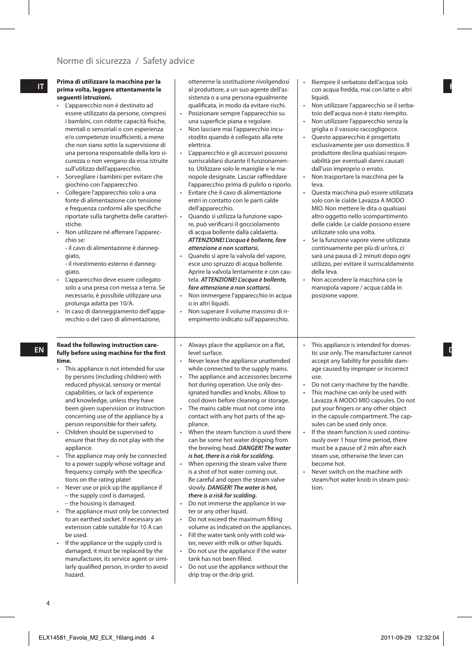 Norme di sicurezza / safety advice | Electrolux ELM5200 User Manual | Page 4 / 52