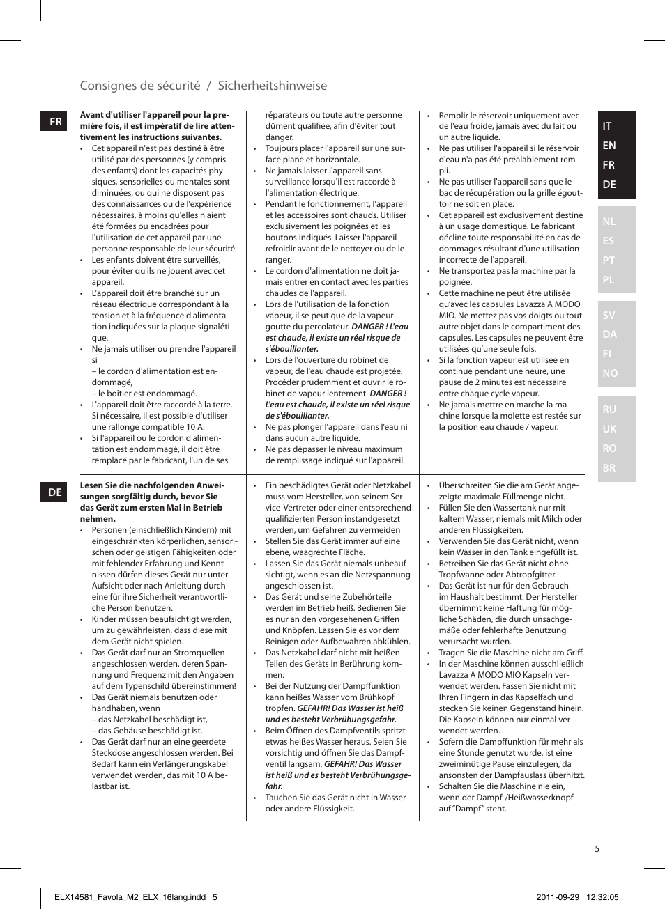 Consignes de sécurité / sicherheitshinweise | Electrolux ELM5200 User Manual | Page 5 / 52