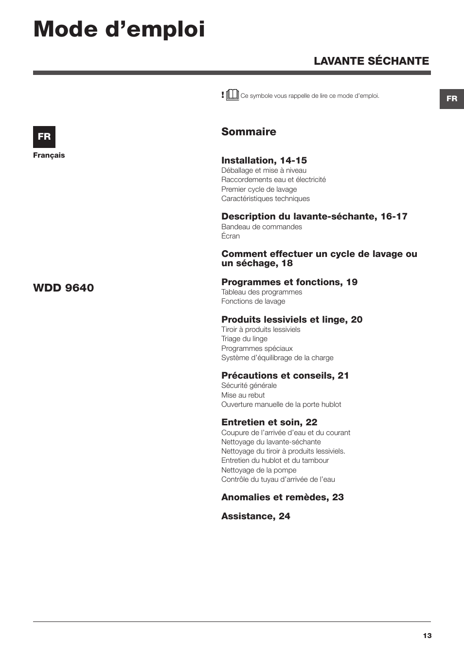 Mode d’emploi, Sommaire, Wdd 9640 | Lavante séchante | Hotpoint Ariston WDD 9640B EU User Manual | Page 13 / 84