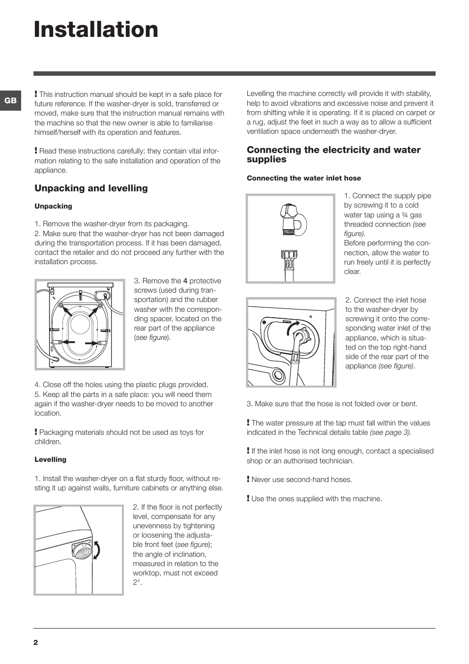 Installation | Hotpoint Ariston WDD 9640B EU User Manual | Page 2 / 84