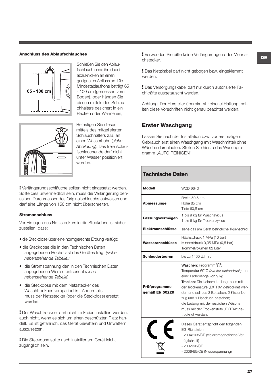 Erster waschgang, Technische daten | Hotpoint Ariston WDD 9640B EU User Manual | Page 27 / 84