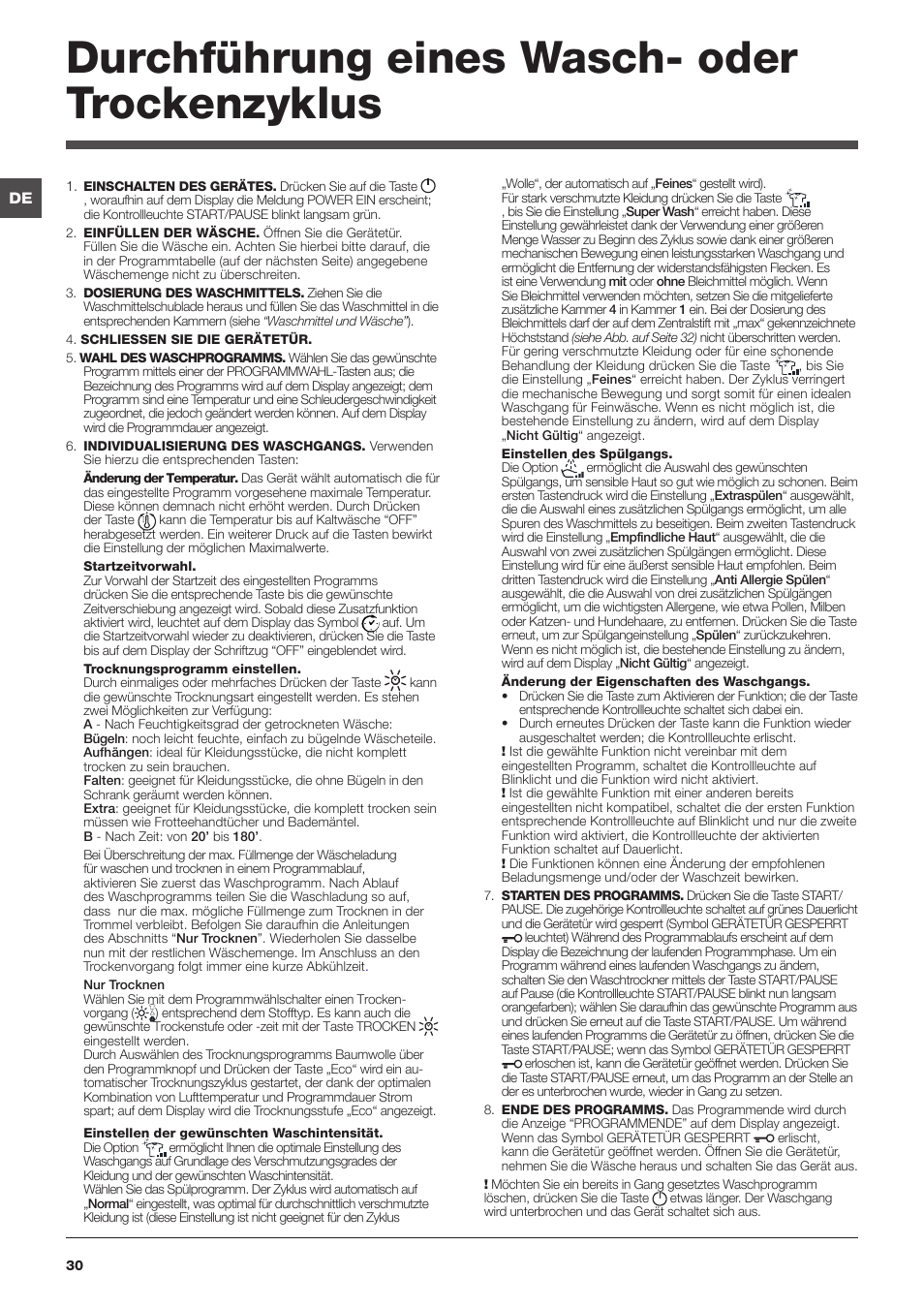 Durchführung eines wasch- oder trockenzyklus | Hotpoint Ariston WDD 9640B EU User Manual | Page 30 / 84