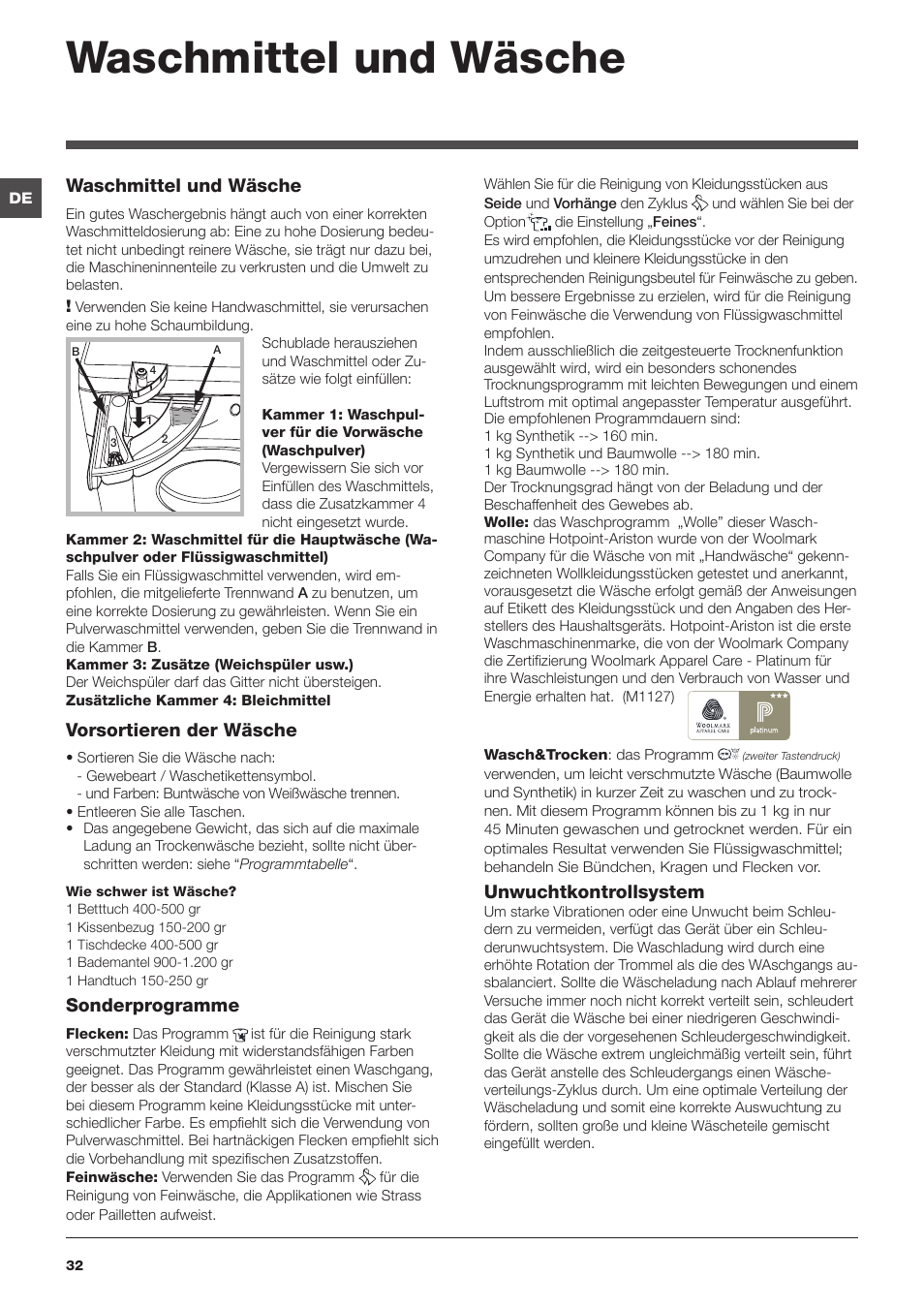 Waschmittel und wäsche, Vorsortieren der wäsche, Sonderprogramme | Unwuchtkontrollsystem | Hotpoint Ariston WDD 9640B EU User Manual | Page 32 / 84