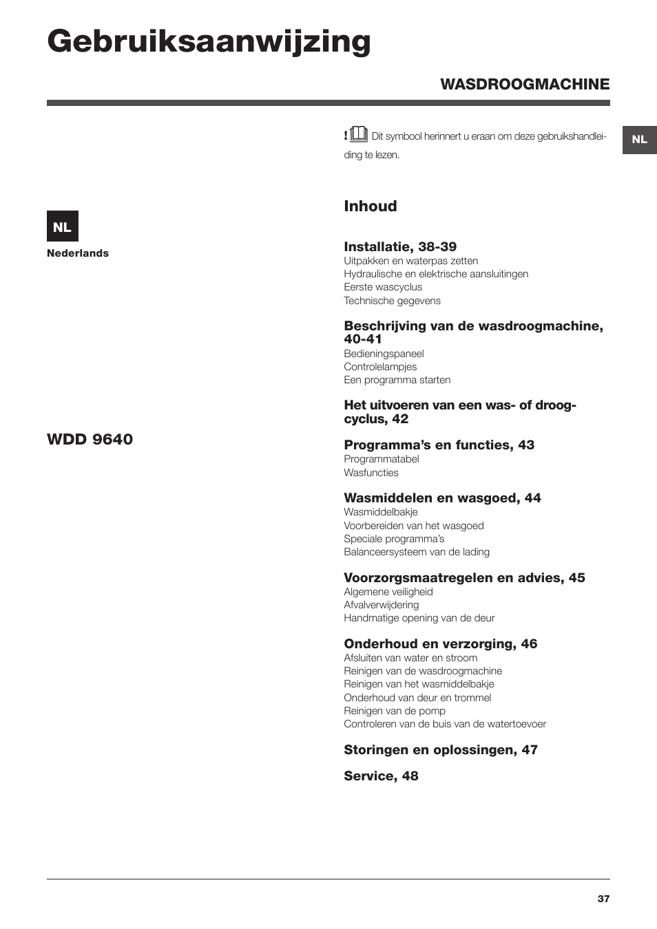 Gebruiksaanwijzing, Inhoud, Wdd 9640 | Wasdroogmachine | Hotpoint Ariston WDD 9640B EU User Manual | Page 37 / 84