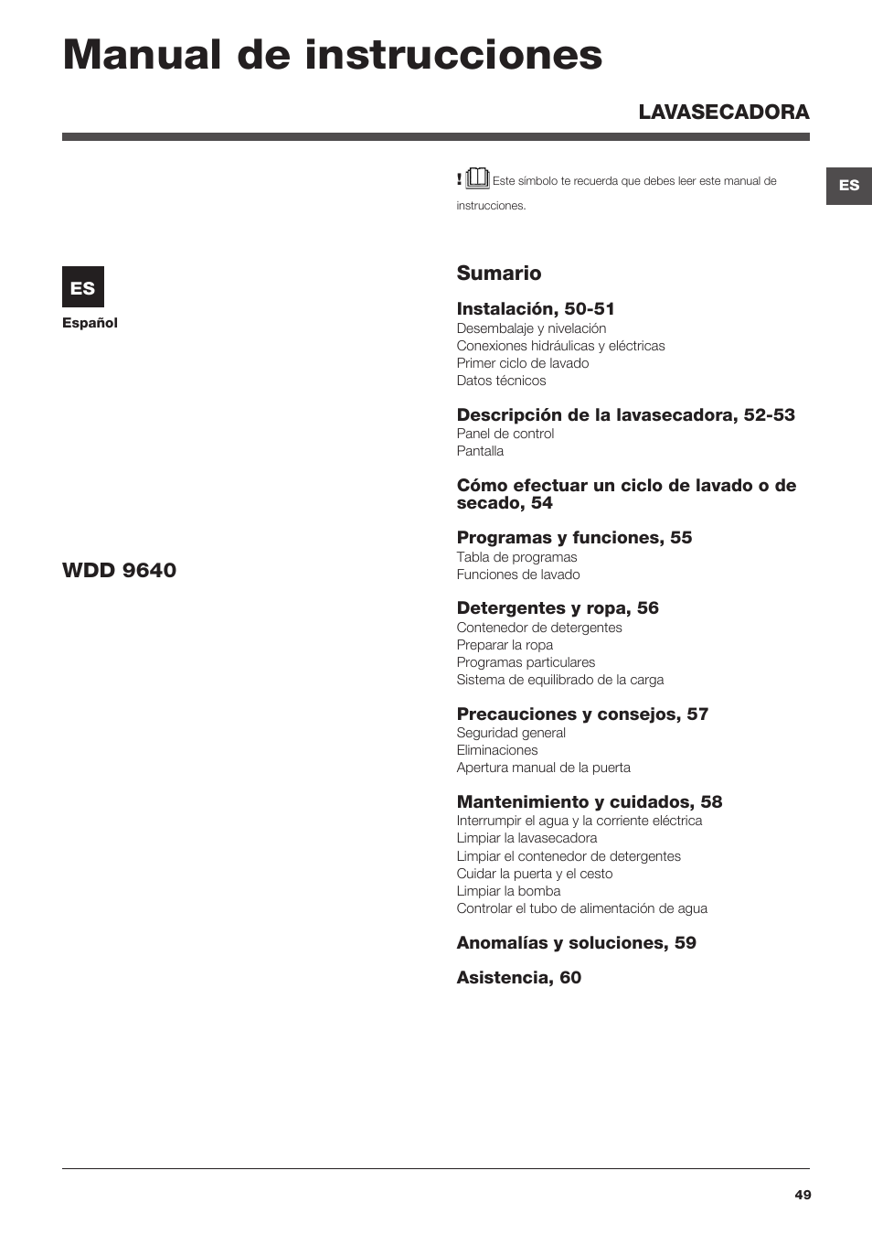 Manual de instrucciones, Sumario, Wdd 9640 | Lavasecadora | Hotpoint Ariston WDD 9640B EU User Manual | Page 49 / 84