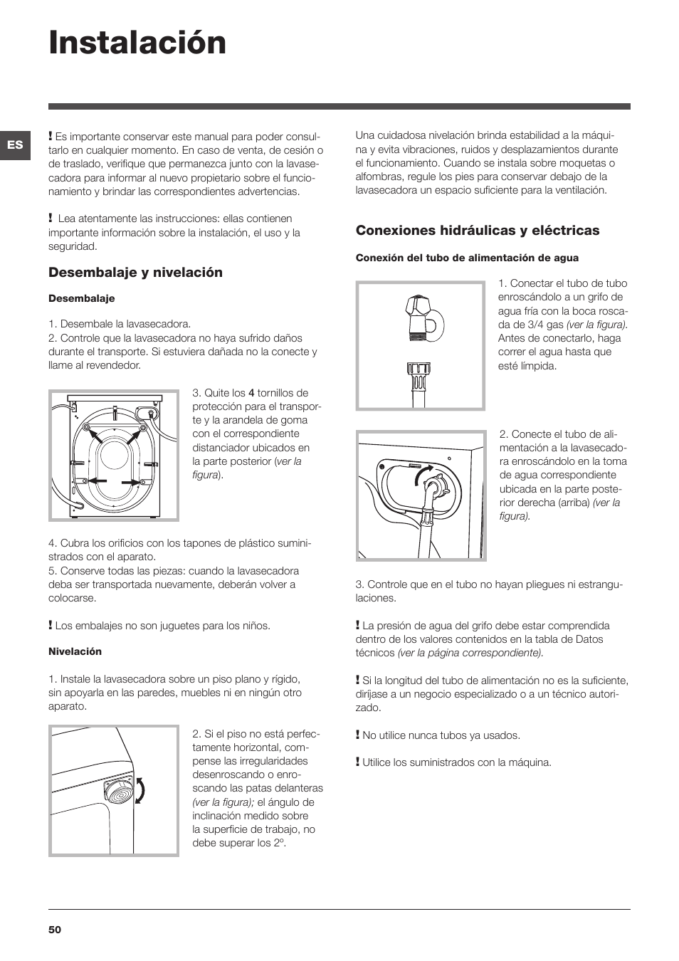 Instalación | Hotpoint Ariston WDD 9640B EU User Manual | Page 50 / 84