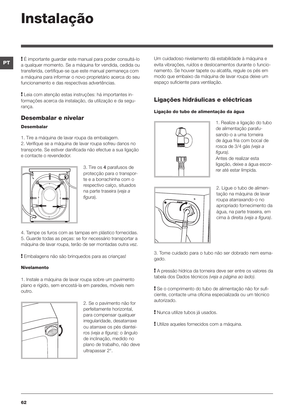 Instalação | Hotpoint Ariston WDD 9640B EU User Manual | Page 62 / 84