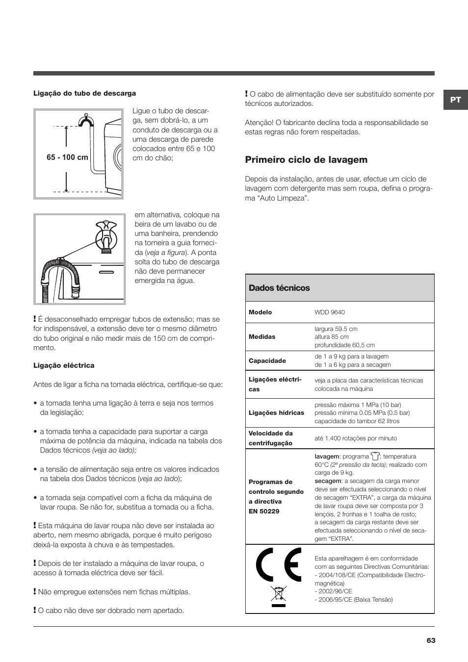 Primeiro ciclo de lavagem | Hotpoint Ariston WDD 9640B EU User Manual | Page 63 / 84