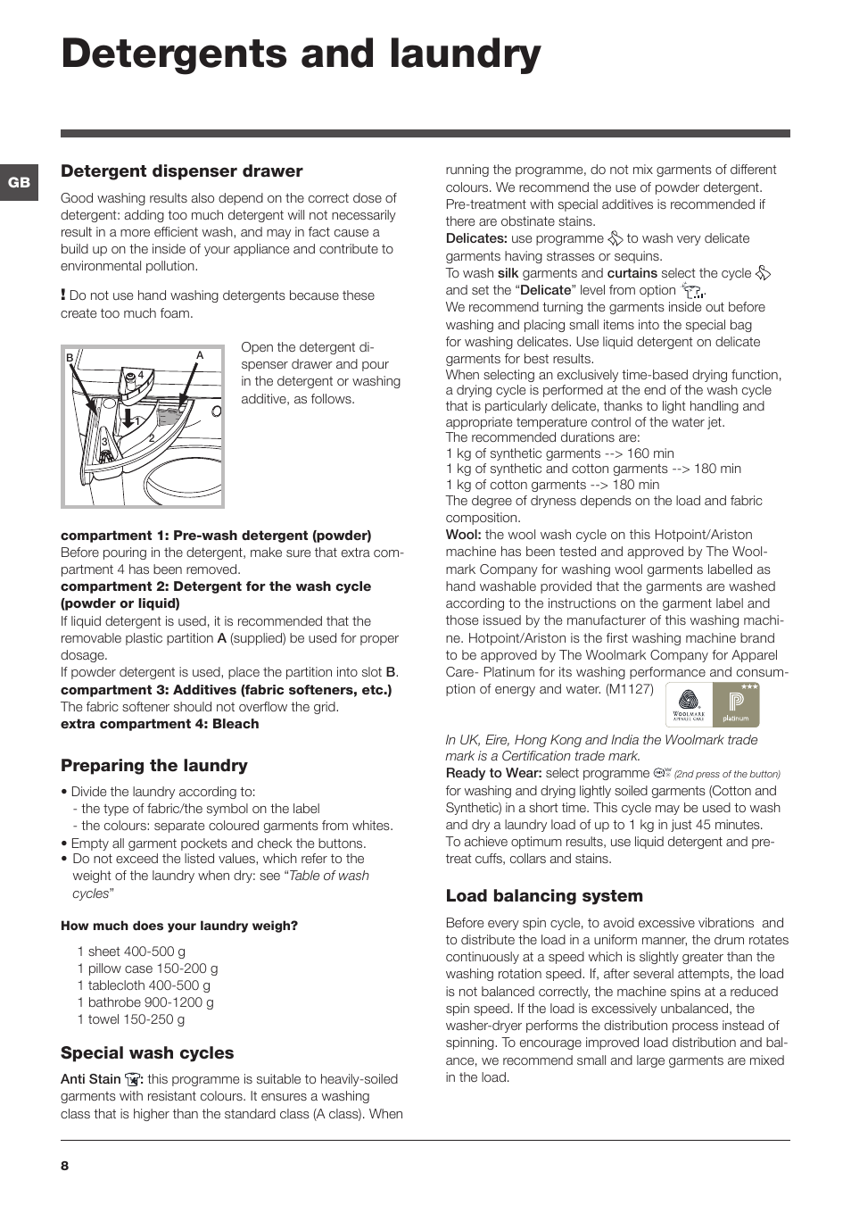 Detergents and laundry, Detergent dispenser drawer, Preparing the laundry | Special wash cycles, Load balancing system | Hotpoint Ariston WDD 9640B EU User Manual | Page 8 / 84