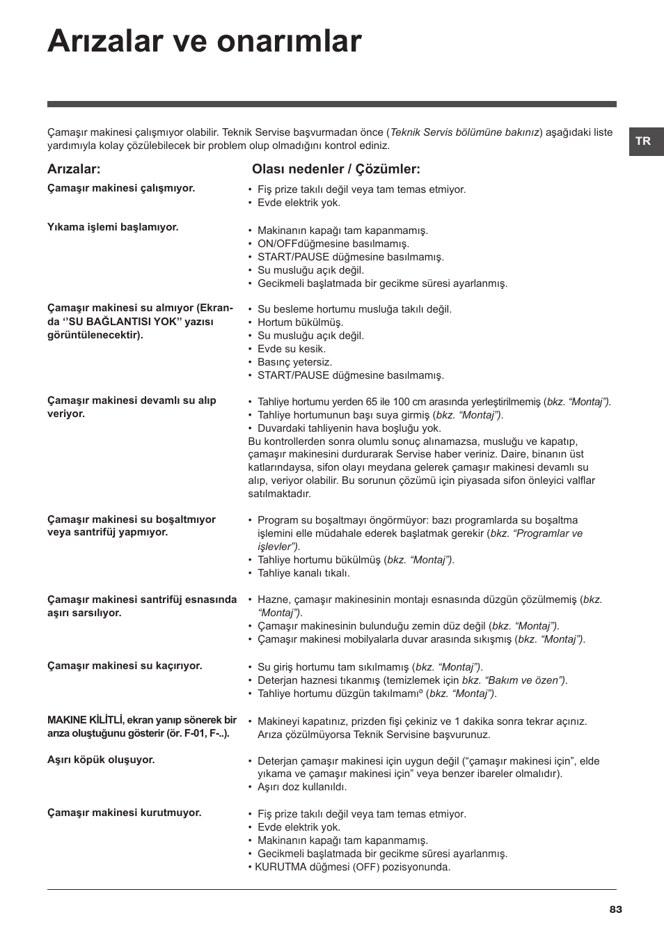 Arızalar ve onarımlar, Arızalar, Olası nedenler / çözümler | Hotpoint Ariston WDD 9640B EU User Manual | Page 83 / 84